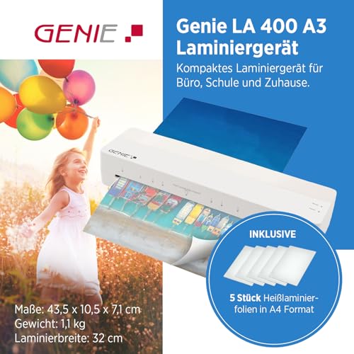 GENIE LA 400 A3 Laminator Warm Laminator with 2 Heating Rolls for School, Office and Home Office incl. 5 Laminating Films, A3 and A4 Laminator with Foil