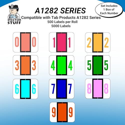 Doctor Stuff - File Folder Labels, Complete Set of Numbers 0-9, Tab Products 1282 Match - A1282 Series Chart Stickers, 1" x 1-1/4", 1 Each of 10 Rolls, 500/Roll