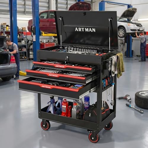 KEIKI 3-Drawer Rolling Tool Cart with Lift-Up Steel Top, Utility Tool Box, Multi-Functional Tool Storage Organizer Cabinet for Garage, Warehouse, Workshop, Repair Shop, Black