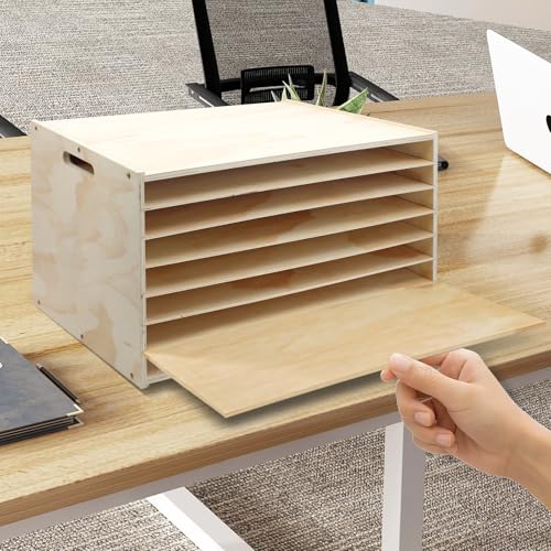 13"x20" Wooden Construction Paper Organizer, 7 Tier Larger Size Literature Organizer with Adjustable Shelves Letter Mail Tray Craft & Stamp Stackable Cardstock Storage Rack for Home Office Classrooms