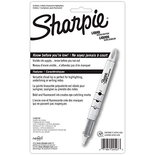 Sharpie Liquid Highlighters, Chisel Tip, Fluorescent Yellow, 5 Count