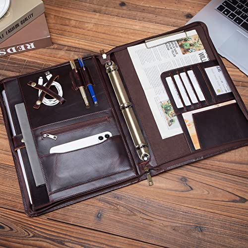 Geslun Leather Portfolio Zippered 3 Ring Binder with Hidden Handle and Clip