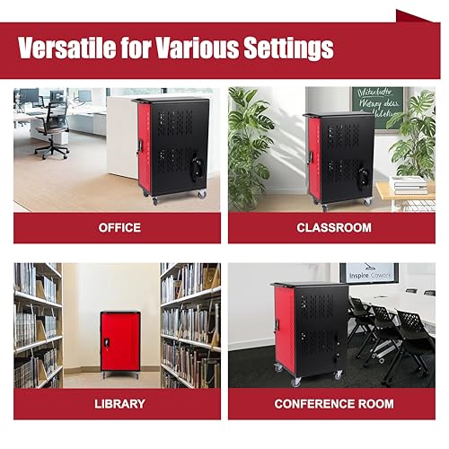 VOOTOLOVER 32-Bay Charging Cart for Laptops/Tablets, Red/Black