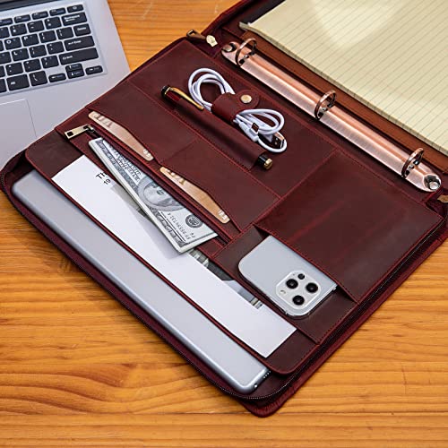 Personalized Leather 3 Ring Binder Portfolio with Front Pocket