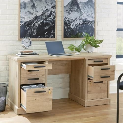 Pemberly Row 60" Engineered Wood Knee Space Credenza Desk, Prime Oak Finish, Sturdy Office Storage Desk with Melamine Top, Locking Drawers, Cord Management System, Finished for Versatile Placement