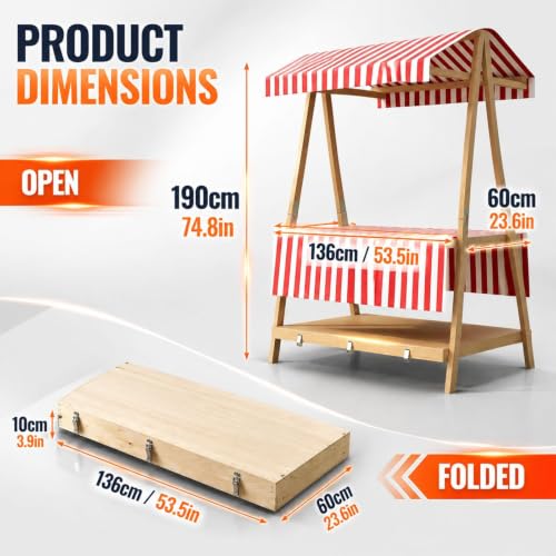 CHBMZ Foldable Wooden Market Display Booth, Portable Two Level Vendor Stand with Canopy, Compact Suitcase Design for Craft Fairs, Farmers Markets, Festivals & Pop Up Events(Red,136cm/53.5in)