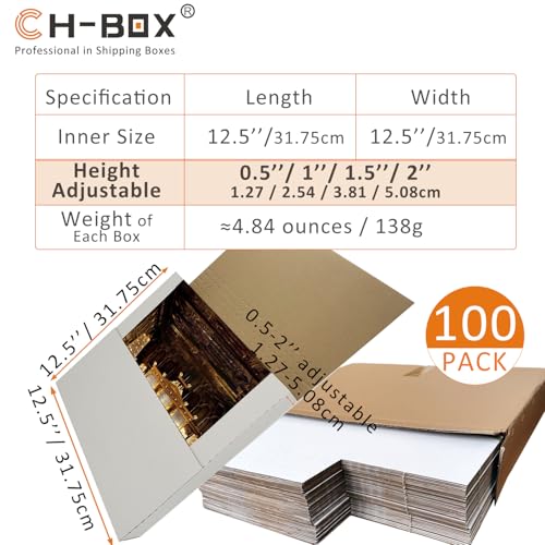CH-BOX 100 Pack Vinyl Record Shipping Mailing Box Mailers for 12-inch Lp Album, 12.5" x 12.5" x 2", Height Adjustable Cardboard, White (EM1212-100)