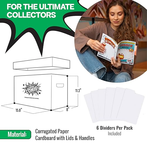 PlanetSpace Comic Book Storage Box | 22 Boxes with 6 Dividers (Each Box Stores Up to 175 Comics) - Short Stackable Design with Dust Protection Lid | Strong Structure & Acid Free Manufacturing