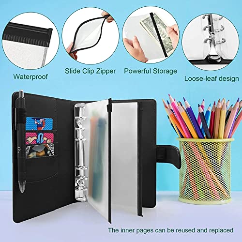 QERTYHKK 13 Pieces A6 Binder Notebook Cover Budget Envelopes System with 10Pcs Clear Zipper Pockets/2Pcs Label Stickers