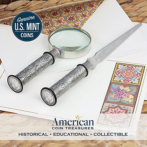 American Coin Treasures Coin Letter Opener & Magnifying Glass Barber Dime- Antiqued Silvertone Brass Handle Gift Set-Genuine United States Coin