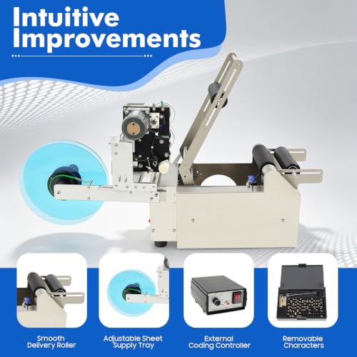 RTUSUML Semi-Automatic Round Bottle Bottle Labeling Machine with Integrated Coding, 20-40pcs/min, Stainless Steel Label Applicator for 0.59-4.72in Diameter Bottles (110V with Pressing Bar)