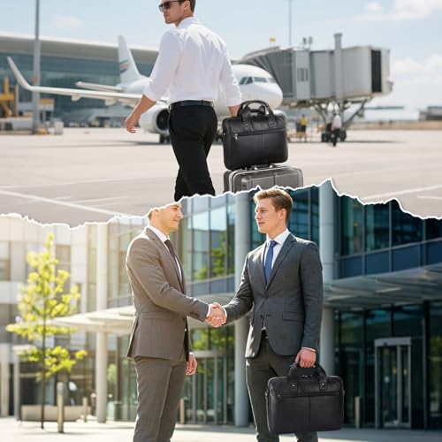 Masa Kawa Black Leather Slim 16" Laptop Briefcase Bag for Men Office Work