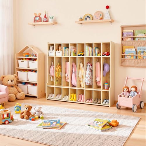 VEVOR 8-Section Coat Locker with Bench, Kids Lockers with 16 Hooks & Non-Slip Mat, Classroom Cubbies for Daycare, Home, Kindergarten- Natural