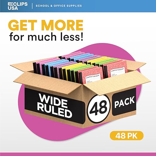 E-CLIPS USA Wide Ruled Composition Notebook Wide Ruled Hardcover Notebooks for School Supplies Notebooks Bulk Hardcover Notebook Pastel 100 Sheets 200 Pages 9.75” x 7.25” (48 Pack, Wide Ruled)