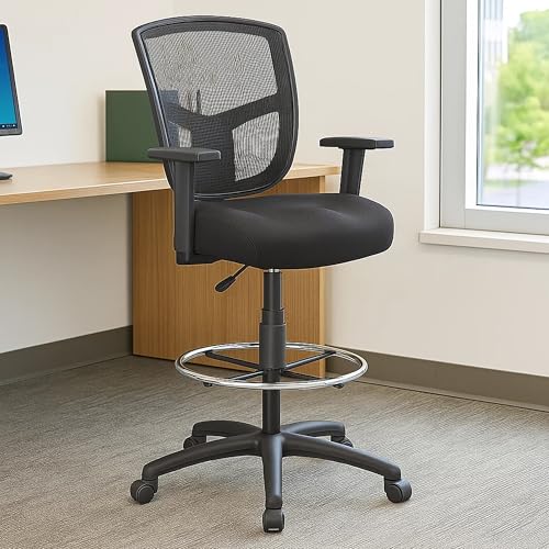 Benzara MEA Drafting Stool Chair, Adjustable Arms, Black Mesh, Chrome Footring