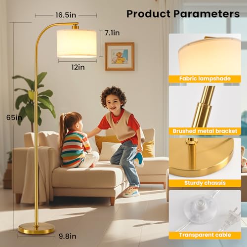 KQW Tall Floor Lamp for Living Room,65'' Modern Standing Lamps with 9W LED Bulb,Elegant Floor Light with Fabric Shade,Gold Tall Lamp for Bedroom Office Study Room Corner Dining Room
