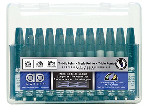 The Original Chartpak AD Markers, Tri-Nib, 12 Assorted Cool Grey Colors in Plastic Carrying Case, 1 Each (AD12SETCG)