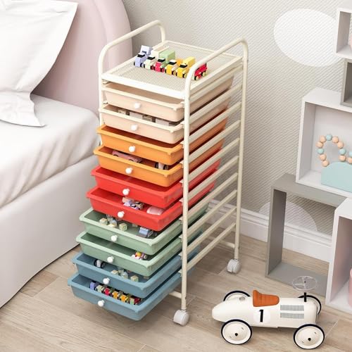 FUTADA 10-Drawer Rolling Storage Cart, Multi-Color, Alloy Steel Frame, Plastic Drawers, Lockable Casters