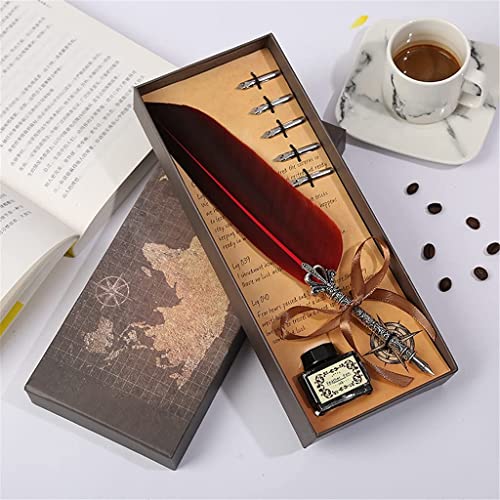 European Retro Engraving Metal Pen + Empty Bottle + 5 Replacement Nib + Feather Pen Wedding Birthday Halloween (Color : B) (C)