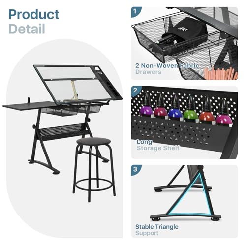MIRAMINGLE Drafting Table Set for Adult and Young, Height & Angle Adjustments (28"-36", 0°-65°), Tempered Glass, Alloy Steel Frame, 2 Drawers, Artwork Station for Art Studio Home Office School