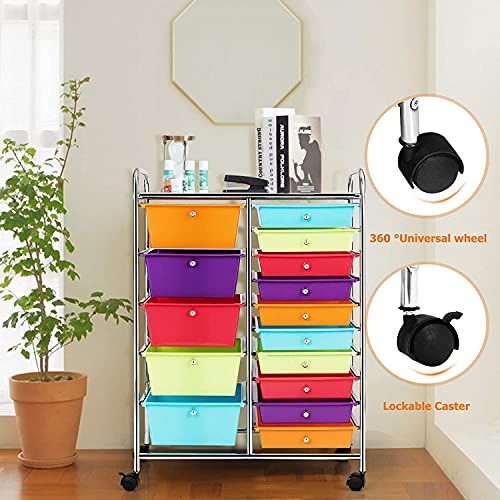 Topment Plastic Boxes 15 Drawer Rolling Organizer Cart Utility Storage Tools Scrapbook Paper Multi-Use (Multicolor)