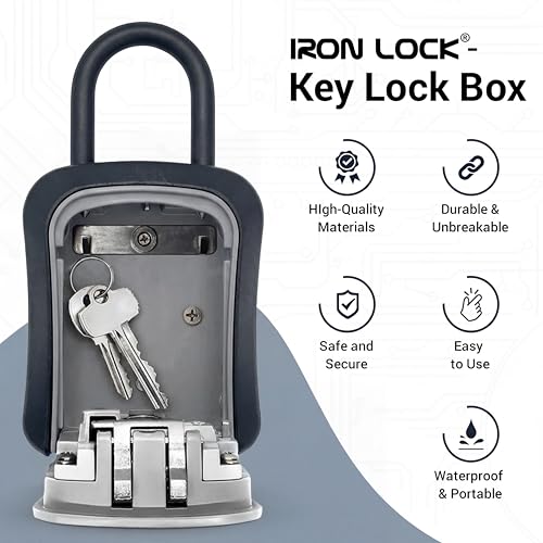 Iron Lock® Medium Key Lock Box with Code, U-Shackle Opens Fully Out (Grey)
