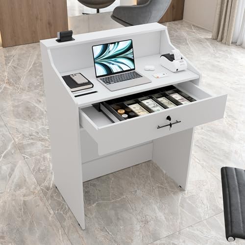 AGATEO Small Reception Desk with Drawer, 32in Retail Checkout Stand, White