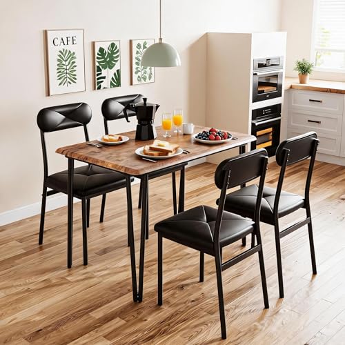 Festisoul Vintage Office Desk and Chair Set – Square Table with 4 PU Leather Upholstered Seats, Compact and Space-Saving for Small Offices or Dining, Ideal for Breakrooms, Brown (Vintage Color)