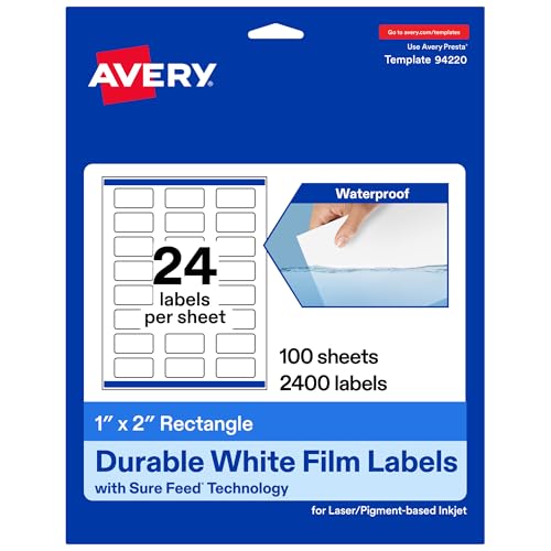 Avery® Printable Durable White Rectangle Labels, Sure Feed® Technology, 1" x 2", Print-to-the-Edge, Waterproof Labels, Laser & Pigment-Based Inkjet Compatible, 2400 Total