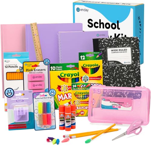 Enday Back to School Supplies Kit - Grades K-5, 83 Piece Back to School Supplies Kit, Kindergarten School Supplies Kids for Girls & Boys (1 Kit - Purple Pink)