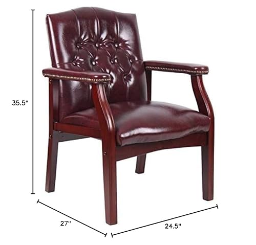 BOWERY HILL Traditional Faux Leather Tufted Guest Chair, Oxblood Red Upholstery, Mahogany Wood Base, Button Tufted Design, Hand Antique Brass Nails, 35.5" H x 24.5" W x 27" D, Home or Office Seating