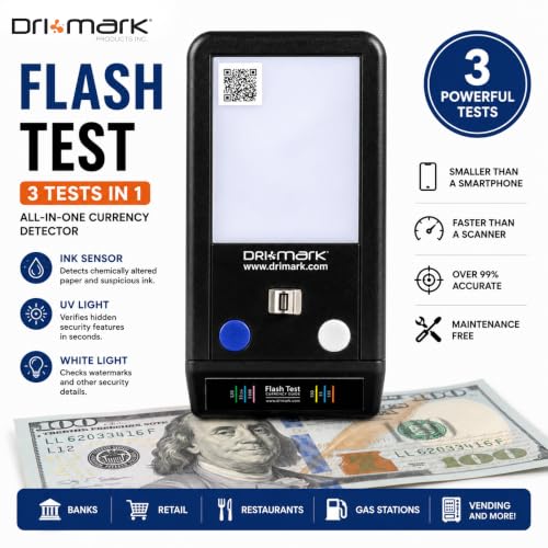 Dri Mark Flash Test 2 Pack Counterfeit Bill Detector, 3 Easy Tests in One Small Device, Watermark, Ink, Security Strip, Fast Money Checker, Fake Currency Detection Machine, Maintenance Free - 2 Pack