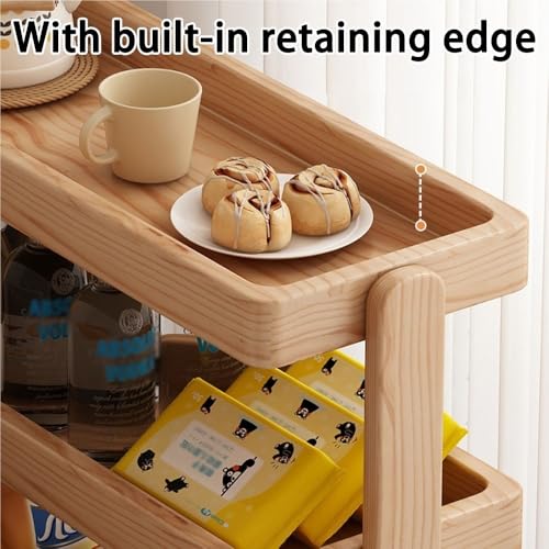 Joaaea Solid Wood Rolling Cart,4-Layer with Wheels 110LBS Heavy Duty,Snack/Book Storage,Floor-Standing for Bedroom Living Room(Natural,60cm-23.6in)