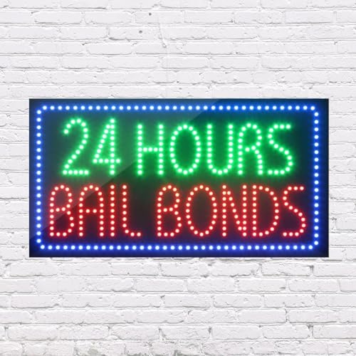 LED Custom 24 Hours Bail Bonds Sign for Retail Business Displays |Advertising Electronic Light Up Sign for Windows Walls | 17"h x 31"w x 1"d