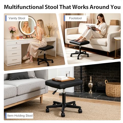 Footrest Stool Under Desk, Adjustable Height Under Desk Leg Rest Ottoman Swivel Rolling Stool Chair with 360°Rolling Lockable Wheels for Gaming, Home Office, Load-bearing Capacity 220.46lbs, Black