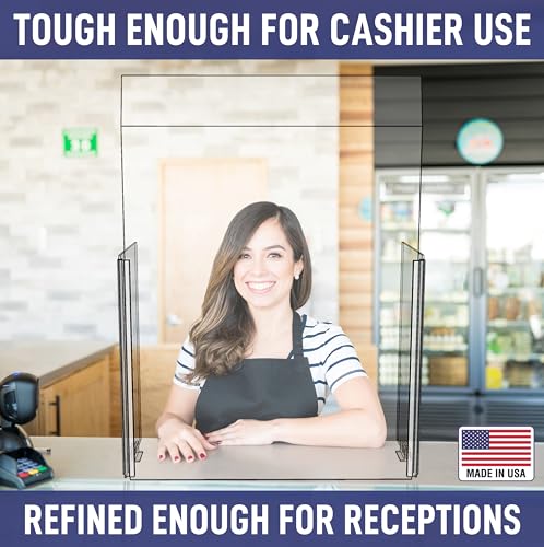 30" x 42" Acrylic Shield Plexiglass Sneeze Guard Barrier w/Angled Top, for Counters, Tables, Checkouts, or Desks - Shields and Protects Employees and Cashiers from Coughing and Sneezing - Made in USA