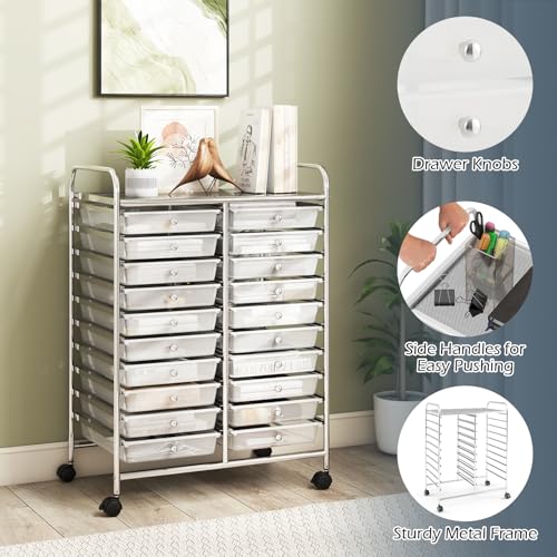 RELAX4LIFE 20 Drawer Rolling Storage Cart, Mobile Rolling Cart w/Drawers for School Classroom Teacher Office Home Salon, Paper File Art Supply Craft Organizer, Utility Cart on Wheels (Clear)