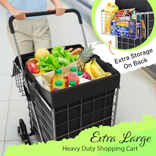 Our Modern Space Stairs Climbing Shopping Cart w/Waterproof Basket Liner & 360° Swivel Wheels | Foldable Collapsible & Lightweight | Perfect for Groceries Laundry Utility Cart - Silver