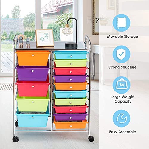 15-Drawer Storage Cart, Mobile Rolling Utility Cart w/Wheels, Multipurpose Organizer Cart for Tools, Scrapbook, Paper, Ideal for Home Office School (Multicolor)