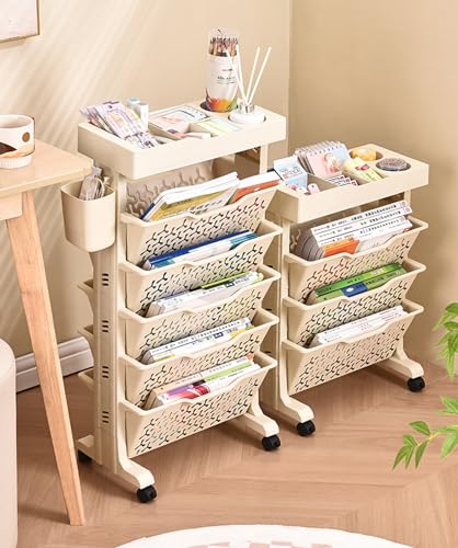 AVSMGP Mobile Bookshelf on Wheels 3/4/5 Tier Plastic Multilayer Desk Organizer Table Rolling Utility cart Wagon for Office, Dorm, Classroom,Library, Living Room,5 Tier