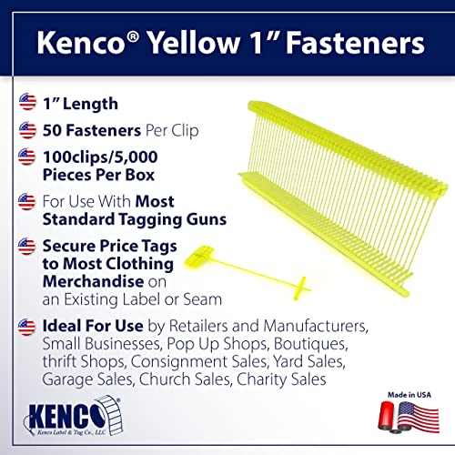 Kenco 1 Inch Standard Tagging Attachments, 1-in Fasteners for Tagging Retail, Consignment and Manufacturing - 5,000 Pieces Per Box 50 per Clip (10 Boxes 50,000 Fasteners, Yellow)