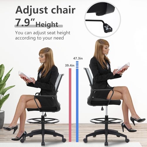 PayLessHere | Drafting Chair | Grey | Tall Office Chair with Adjustable Seat Height & Footrest, Ergonomic Mesh Back, Lumbar Support, 360 Degree Swivel Rolling Wheels | for Workspaces & Home Office
