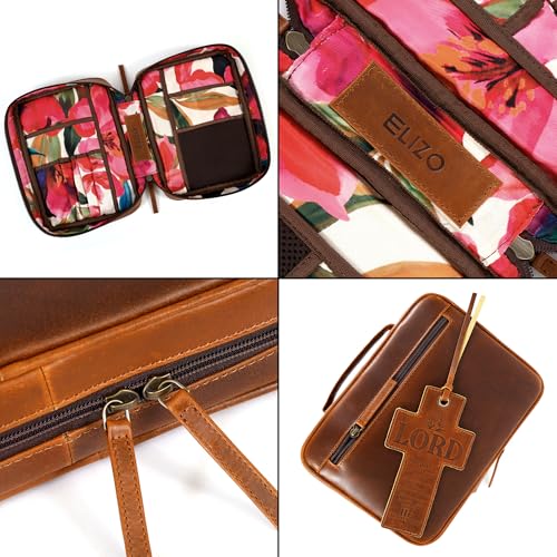 ELIZO Full Grain Leather Bible Cover for Women, Floral Large Bible Cases for Woman, Genuine Leather Sleeve Pouch Organizer Protector Carrying Bag with Zipper Christian Gifts for Women Bookmark, Cognac