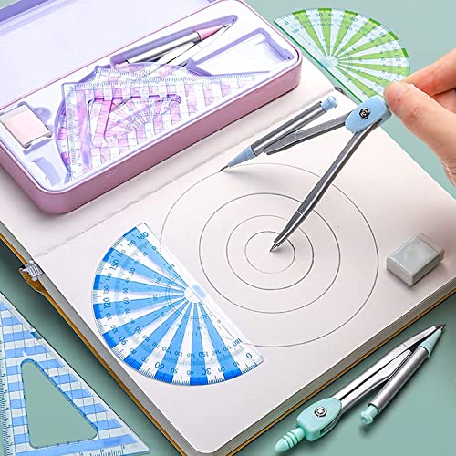 DUHTFCY Geometry Set Protractor and Compass Set Compass Protractor Set Compass School Math Compass and Protractor Geometry Set 7 Pcs Compasses and Protractor (Pink)