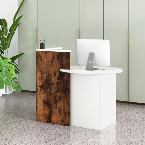 SILKYDRY Reception Desk, Small Retail Checkout Counter with Lockable Drawer and Open Shelves, Wooden Front Desk Reception Counter, Oval Desktop & L Counter for Store Office Lobby Salon (Brown)