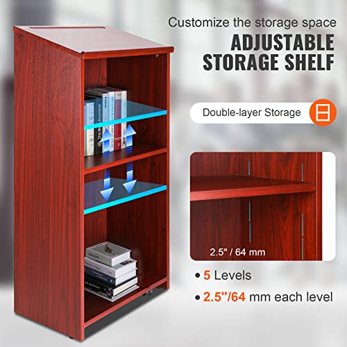 VEVOR Podium Stand, 47 inch Hostess Stand with 4 Rolling Wheels, Wood Podium with Storage Shelves and Slant Desktop, Lecterns & Podiums for Home, Office, School, Church, Brown
