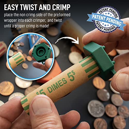 Nadex 256 Assorted Preformed Crimped End Coin Roll Wrappers with Color Coded Coin Wrapper Crimping Tool (Patent Pending), 64 Each of Nickels, Dimes, Pennies and Quarters