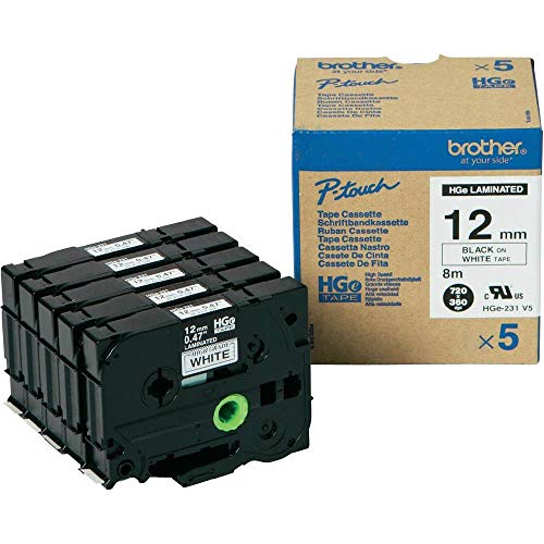 Brother HGe-231V5 Labelling Tape Cassette, Value Pack, Black on White, 12mm (W) x 8M (L), Laminated, Includes 5 x Tapes, Genuine Supplies