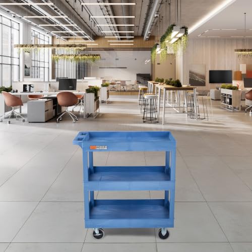 Luxor Three Shelf Heavy Duty High Capacity Tub Cart with Handle - 18"D x 35.25"W x 37.25"H, Plastic, Blue