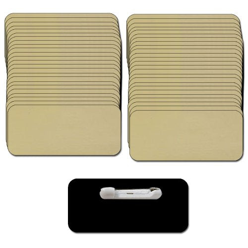 Name Badges with Pin Fastener - 50 Pack Bulk Gold/Black Blank Plastic 1/4th Rounded Corners 1.5" X 3"